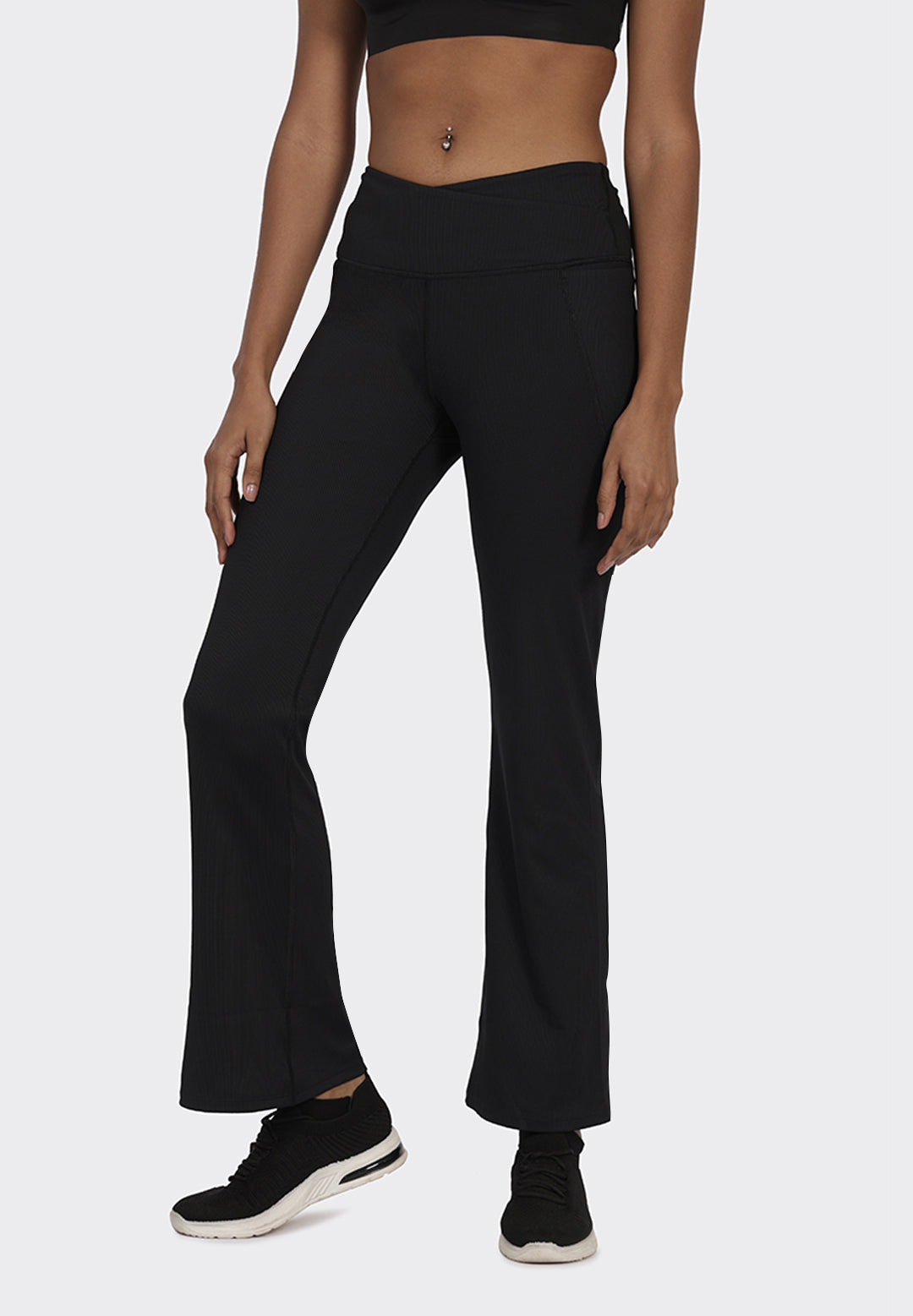 Overlap Ribbed Yoga Flare Pants with 2 Pockets