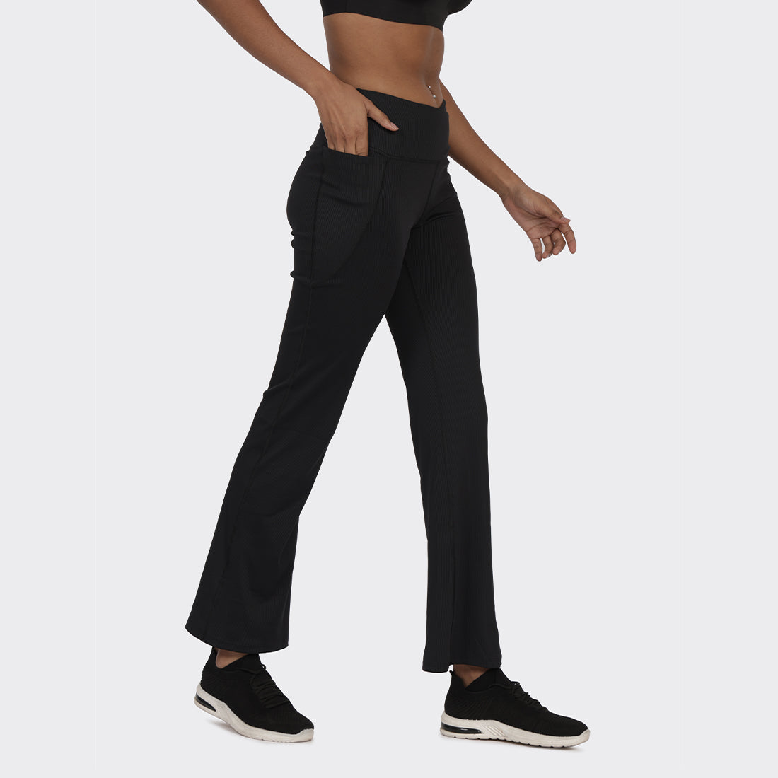 Overlap Ribbed Yoga Flare Pants with 2 Pockets
