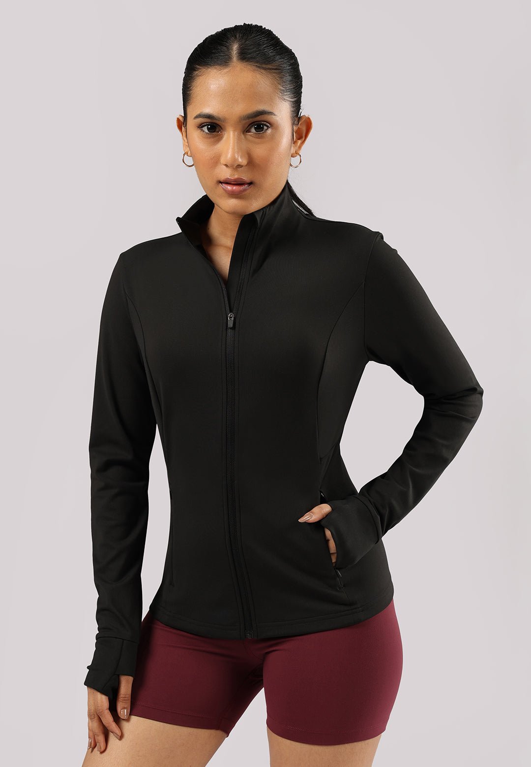 Full Sleeves Polyester Jacket with High Neckline and Pockets
